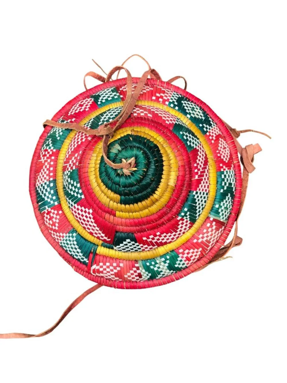 Ethiopian Handwoven Multi-Color Coiled Basket Lid Leather Straps Traditional Des